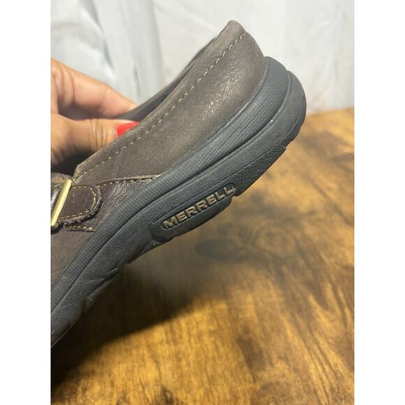 MERRELL Dassie Buckle Slip On Shoes Leather Womens 8.5 Espresso Brown Clogs - Picture 5 of 13